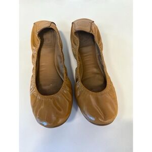 TORY BURCH‎ Eddie Ballet Flats Shoes Camel Tan Patent Leather Logo Size 7.5